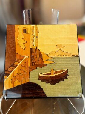 Notturno Intarsio Marquetry Inlaid Wood Plaque Art Sorrento Sea Coast Italy 5x7